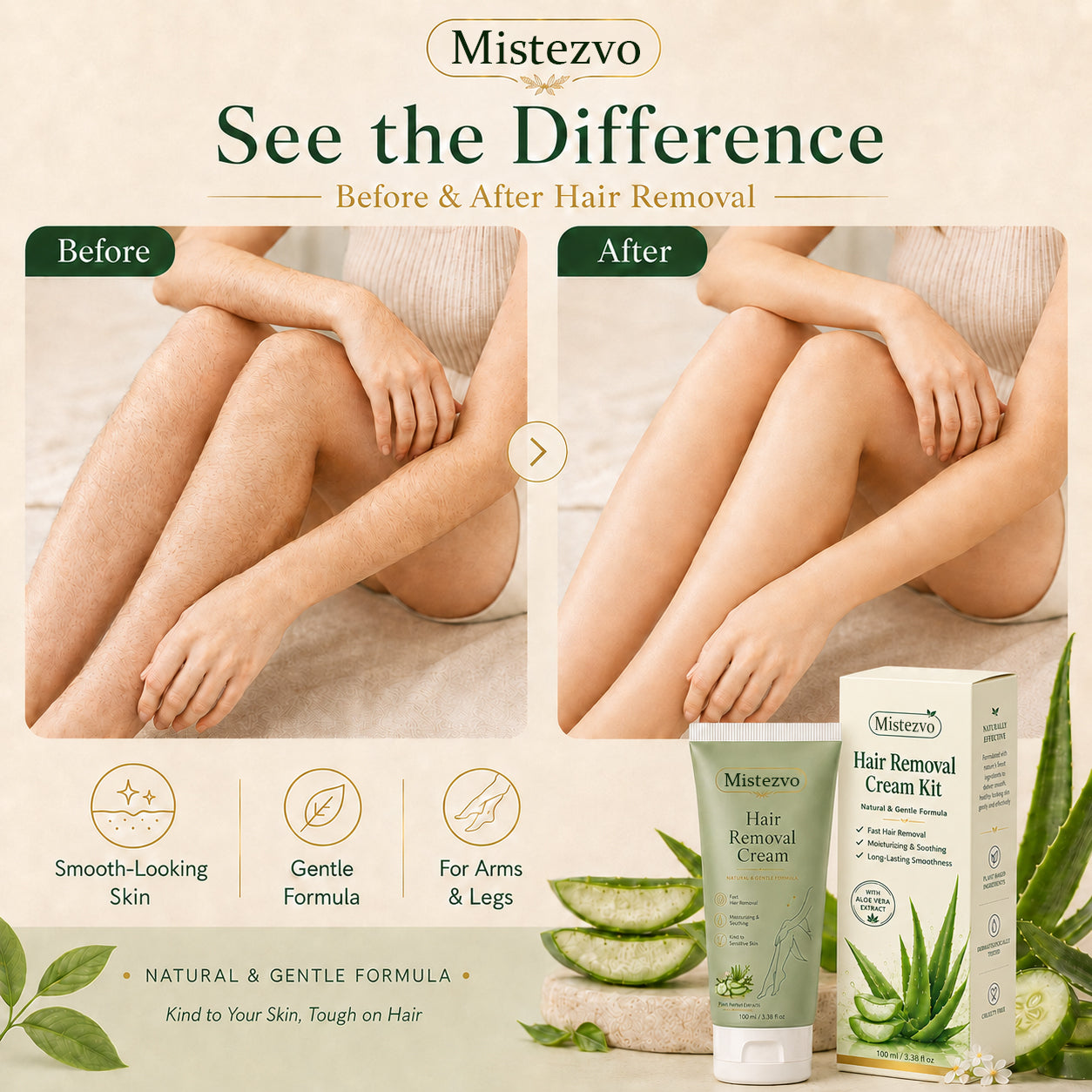 Mistezvo ™ Natural Gentle Hair Removal Cream | For Women & Men, Sensitive Skin